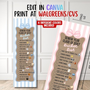 May include: Two vertical banners titled Senior Year Class of 2027 Bucket List with checkboxes and icons. One banner has blue stripes, the other pink. Text includes Edit in Canva, Print at Walgreens/CVS, and dimensions of 2ft by 6ft (72in).