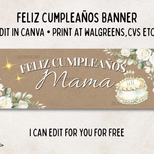 Feliz Cumpleaños Banner Editable Canva Template | Spanish Birthday Banner | Print at Walgreens CVS | Custom Name Banner | Mama Birthday