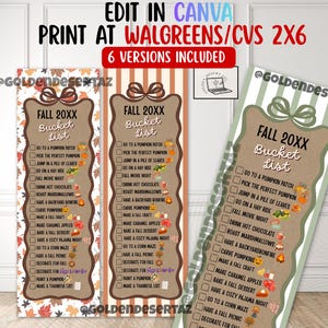 May include: Three vertical rectangular autumn bucket list cards with brown scalloped labels featuring a bow at the top. Each card lists seasonal activities like pumpkin picking and hay rides with checkboxes and small icons. Text includes FALL 20XX.