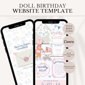 May include: A digital birthday website template for a doll-themed event displayed on two smartphones. The design features floral patterns, a baby in a carriage, and text including "Our Little Doll Is One," "Kindly RSVP," and "Gift Registry."