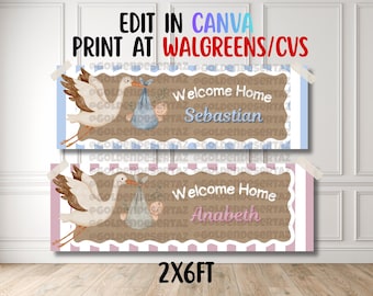 Editable Welcome Home Baby Banner, Stork Baby Shower Banner, Newborn Welcome Banner Printable, Canva Template, 2x6 Walgreens Banner