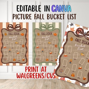 May include: Three printable autumn bucket list templates featuring a brown scalloped frame with a bow, seasonal icons, and the text "FALL 20XX Bucket list". The designs include striped backgrounds in orange and green, and a white background with autumn leaves.