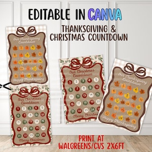 May include: Three printable countdown posters featuring Thanksgiving and Christmas themes. The designs include brown bows, numbered circles, and autumn leaf graphics with text reading Our Thanksgiving Countdown, Our Christmas Countdown, and Happy Thanksgiving.