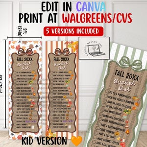 Puede incluir: Tres carteles verticales de lista de deseos de otoño que miden 61 cm por 183 cm. Los carteles presentan marcos festoneados marrones con lazos, listas de actividades y gráficos otoñales. Texto: EDIT IN CANVA, PRINT AT WALGREENS/CVS y FALL 20XX BUCKET LIST.