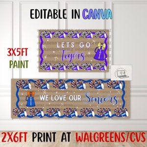May include: Two rectangular banners with a tan background. The top banner reads LETS GO tigers with purple megaphone and pom-pom graphics. The bottom banner reads WE LOVE OUR Seniors with blue megaphone and pom-pom graphics. Text includes 3X5FT and 2X6FT.