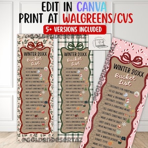 May include: Three vertical digital templates for a Winter 20XX Bucket List, each featuring a brown central panel with a red bow, checkboxes, and holiday icons. The designs include floral, plaid, and candy cane patterns. Text reads: EDIT IN CANVA, PRINT AT WALGREENS/CVS.
