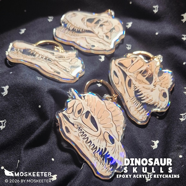 Carnivore Dinosaur Skulls Set | Epoxy Acrylic Keychain - T-Rex, Spinosaurus, Dilophosaurus, Ceratosaurus
