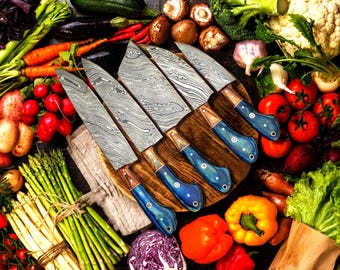 Hand Forged Damascus Steel Chef Knife- Handmade Kitchen Knives Set 5 Pcs -Anniversary Gift & Christmas Gift For Him / Her