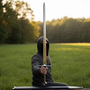 May include: A long, silver and gold sword with a cross-shaped hilt is held upright. The sword is approximately 40 inches long. A black scabbard rests on the ground. The background is a green field and trees.