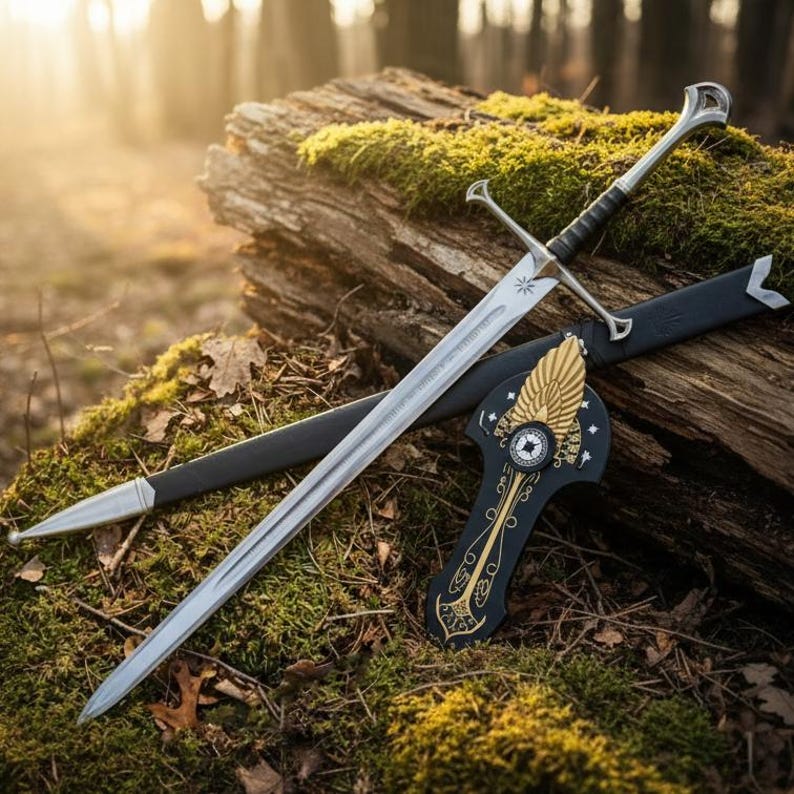 May include: A silver sword with a black handle and crossguard rests on a moss-covered log. A black scabbard and a decorative shield with gold accents are also present. The scene is set outdoors with sunlight filtering through the trees.