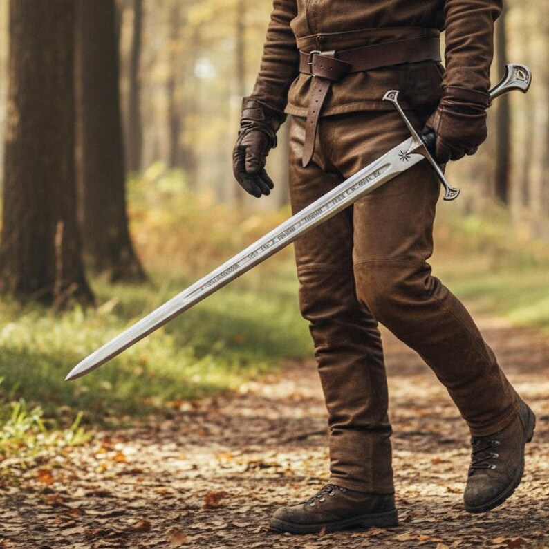 May include: A long, silver sword with a detailed hilt and blade is held by a person wearing brown leather clothing and gloves. The sword has an inscription on the blade and a star design. The person is walking on a path in a forest.