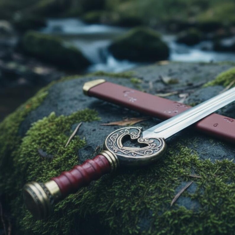 May include: A decorative sword with a silver blade and a detailed brass hilt featuring a heart-shaped design. The handle is wrapped in red leather. The sword rests on a moss-covered rock, with a red sheath nearby.