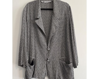Mary Ann Restivo Silk Checkerboard Blazer Women 12 Black White Vintage Luxury