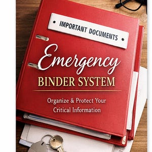 Peut inclure: Un classeur rouge avec l'inscription "Documents importants" et "Emergency Binder System". Le classeur comprend le slogan "Organisez et protégez vos informations critiques". Une clé de maison et des lunettes sont également visibles.