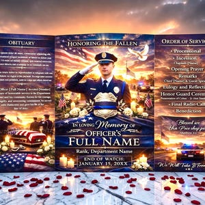 May include: A memorial service program with a police officer saluting, set against a sunset backdrop. The tri-fold design includes an obituary, order of service, and a section honoring the fallen, with text including the officer's name and end of watch date.
