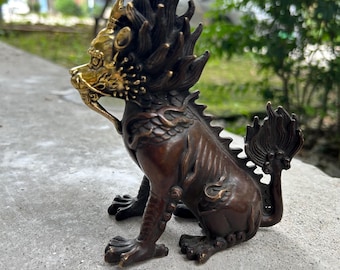 Figura vintage de latón de la Bestia Xiezhi, estatua decorativa de escritorio con forma de mascota de té chino 89