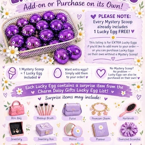 May include: A promotional graphic for Charm Daisy Gifts Extra Lucky Egg featuring a wire basket filled with shiny purple eggs. The text details that each egg contains a surprise item, with illustrations of a mini bag, makeup brush, purse, charm, hairbrush, jewellery, box, mirror, planner, scrunchie, coin purse, card holder, and squishy.
