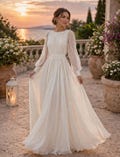 Elegant Chiffon Maxi Dress, Long Sleeve Pleated Gown, Romantic White Formal Wear product logo