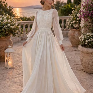 Elegant Chiffon Maxi Dress, Long Sleeve Pleated Gown, Romantic White Formal Wear