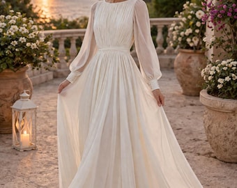 Elegante chiffon maxi-jurk, geplooide jurk met lange mouwen, romantische witte formele kleding