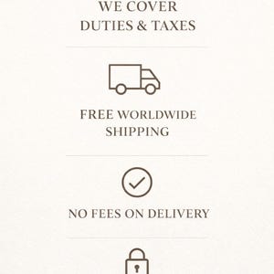 May include: A vertical graphic featuring four dark brown icons and text. The icons include a shield with a checkmark, a delivery truck, a circle with a checkmark, and a padlock. The text reads: WE COVER DUTIES & TAXES, FREE WORLDWIDE SHIPPING, NO FEES ON DELIVERY, SECURE CHECKOUT, VELOURA MAYFAIR, Tracked & Insured Delivery.