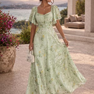 Vestido largo de gasa floral, mangas románticas con volantes fruncidos, estilo europeo.