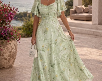Floral Chiffon Maxi Dress, Romantic Ruched Flutter Sleeve, European Style Outfit