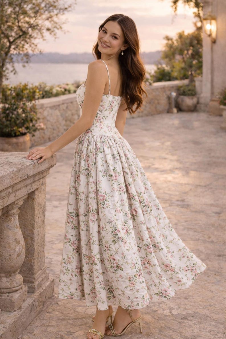 May include: A midi-length dress featuring a white base with a delicate pink and green floral print. The garment has thin spaghetti straps, a fitted bodice, and a full, pleated skirt that falls below the knees, crafted from a textured fabric.