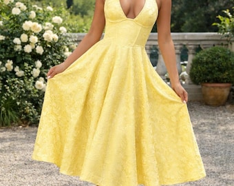 Halter Neck Jacquard Midi Dress: Backless, V Neck Summer Evening Gown