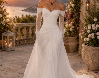 Off Shoulder Chiffon Evening Gown, Sheer Sleeve Formal Maxi Dress