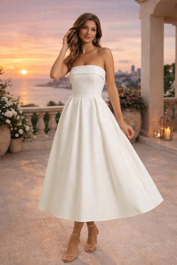 Strapless A Line Midi Dress Elegant Tube Top Wedding Guest Dress