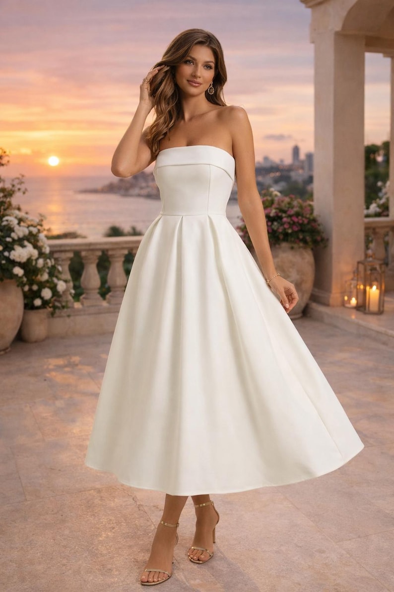 May include: A strapless, knee-length white dress with a pleated skirt. The dress features a fitted bodice and is worn with gold heels. The background shows a sunset over the ocean and a stone balcony.