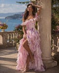 Off Shoulder Ruffle Maxi Dress, Floral Chiffon, Summer Wedding Guest, Beach Vacation, Romantic Evening product logo
