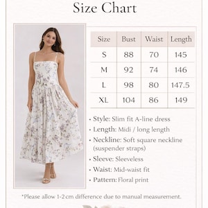 May include: A white A-line dress with a floral print, featuring a square neckline and thin suspender straps. The image includes a size chart for Veloura Mayfair with bust, waist, and length measurements in cm for sizes S, M, L, and XL, noting a 1-2 cm variance.