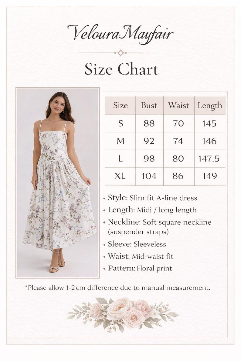 May include: A white A-line dress with a floral print, featuring a square neckline and thin suspender straps. The image includes a size chart for Veloura Mayfair with bust, waist, and length measurements in cm for sizes S, M, L, and XL, noting a 1-2 cm variance.