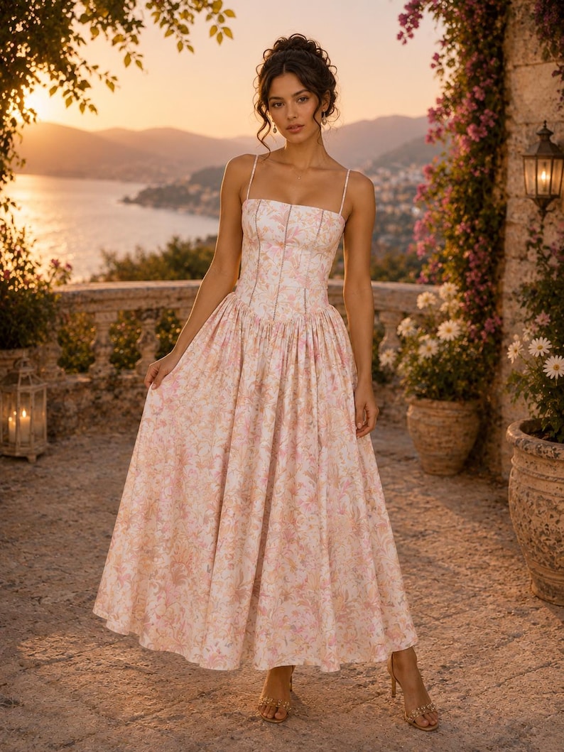 May include: A floor-length dress featuring a fitted bodice with thin spaghetti straps and a full, pleated skirt. The garment is made of a light-colored fabric adorned with a soft, muted floral pattern in shades of pink, peach, and cream.