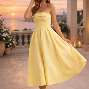 Strapless A Line Midi Dress Elegant Tube Top Wedding Guest Dress Yellow