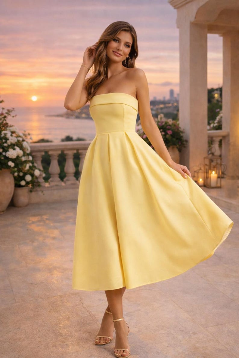 Strapless A Line Midi Dress Elegant Tube Top Wedding Guest Dress Yellow