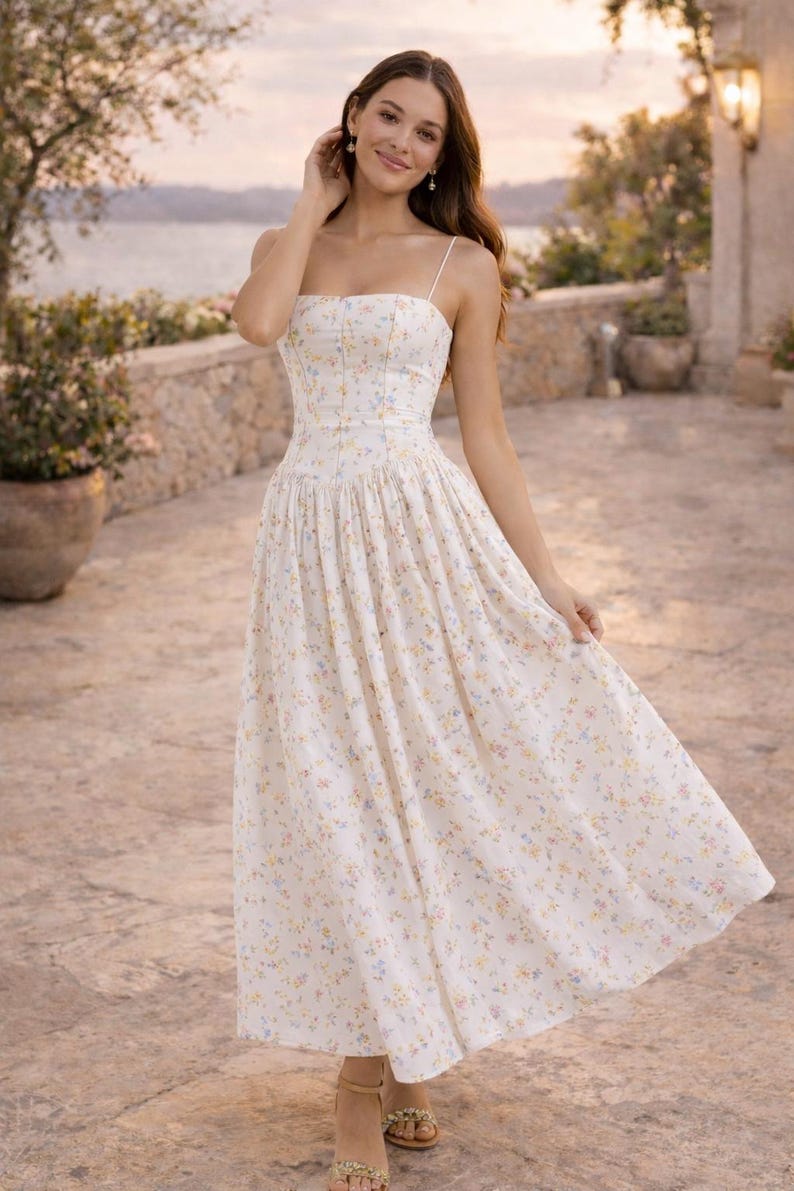 May include: A midi-length dress in a cream-colored fabric featuring a delicate, small-scale floral print in shades of yellow, blue, and pink. The garment has a fitted bodice with thin spaghetti straps, a straight neckline, and a full, flowing skirt.