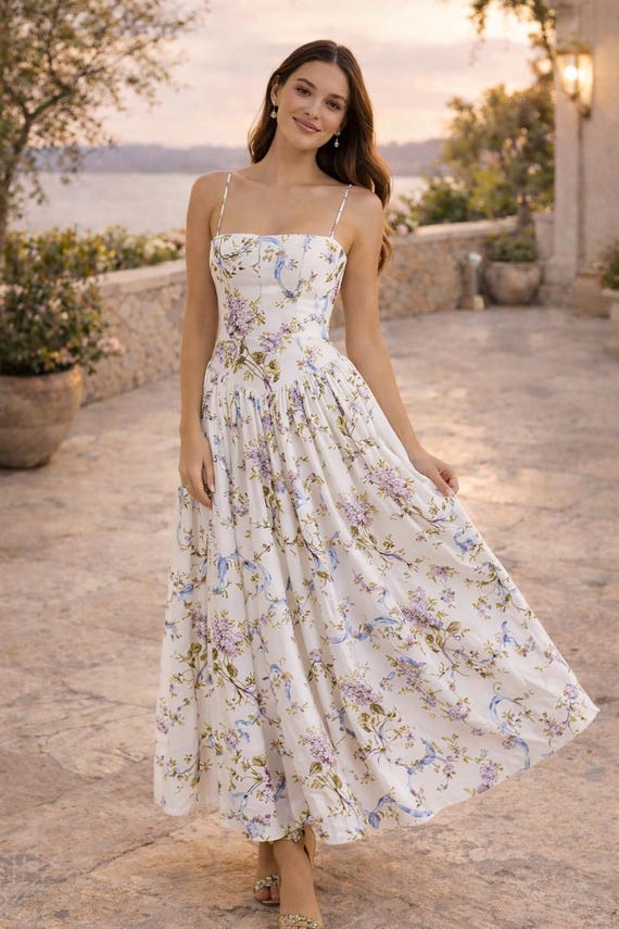 Floral A-Line Midi Dress: Elegant Summer Wedding Guest Strap Outfit