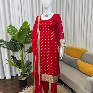 Heavy Silk Salwar Kameez Set, Intricate Thread Sequence Work, Partywear Readymade Suit