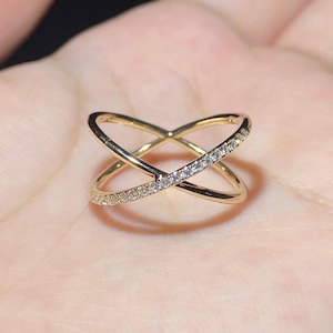Minimalist Criss Cross Moissanite Ring, 14K Gold Pavé Wedding Band