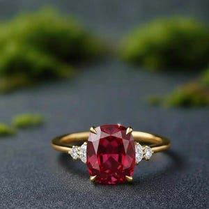Surprise Gift Her Cushion Cut Ruby Engagement Ring, 14K Yellow Gold Three Stone Moissanite Accents