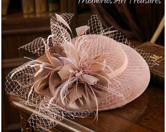 Vintage Feather Floral Fascinator Hat, Birdcage Netting Cocktail Hat, Elegant Tea Party & Race Day Headpiece