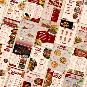 以下が含まれることがあります： さまざまな食品カテゴリーのレストランメニューのコレクション。 メニューには、ハンバーガー、ピザ、バーベキューなどの料理が掲載されており、「Fast Food Menu」、「Burger」、「Pizza Menu」などのテキストが表示されています。 デザインは赤、白、茶色の配色を使用しています。
