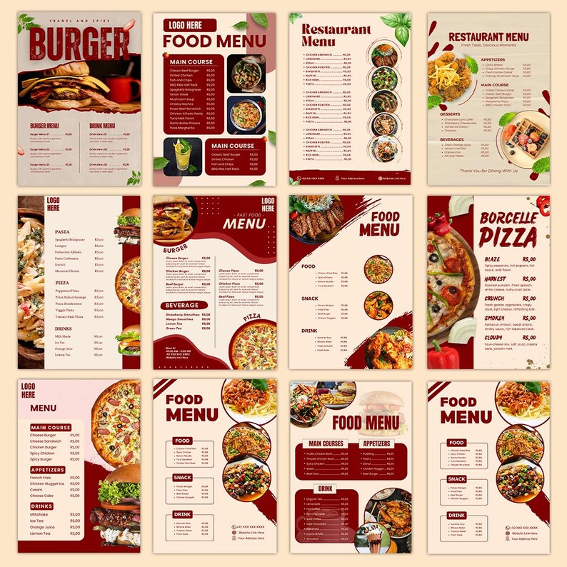 Red Color Example In Menu Restaurant Menu Canva Templates Bundle | 40 Editable Food Menu Designs ...