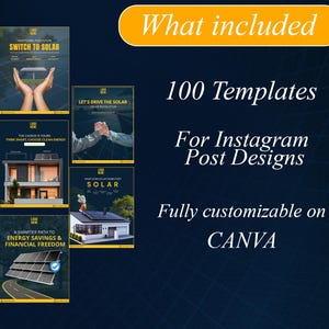 Puede incluir: Gráfico azul oscuro con el texto "What included" en una pancarta amarilla. La imagen anuncia 100 plantillas para diseños de publicaciones de Instagram, totalmente personalizables en CANVA. También se incluyen varias imágenes más pequeñas.