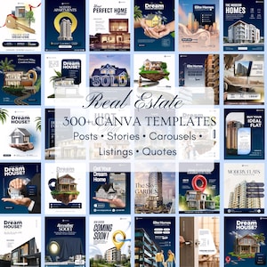 Meer dan 300 Instagram-templates voor makelaars (Canva), een social media-pakket voor makelaars, carrousels met marketingposts voor vastgoed, en een bewerkbare Canva-kit.