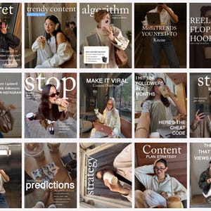 May include: A grid of fifteen social media posts featuring lifestyle photography with overlaid text. The images show individuals in various settings, including cafes and offices, holding beverages, laptops, and cameras, with text overlays like 'MAKE IT VIRAL' and 'Content Plan Strategy'.