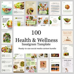 Könnte beinhalten: Eine Sammlung von 100 Instagram-Vorlagen für Gesundheit und Wellness mit verschiedenen Lebensmittelfotos, Salatschüsseln und Ernährungstipps. Der zentrale Text lautet 100 Health & Wellness Instagram Template Ready-to-use social media content bundle.